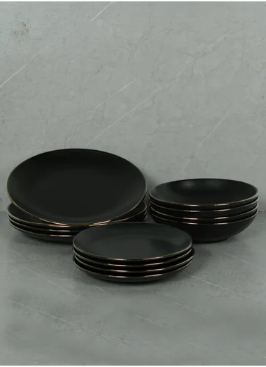 12 pieces Stoneware Dinnerware Set, Dishwasher &amp; Microwave Safe Durable Everyday Dining Set -Black -BM-1202