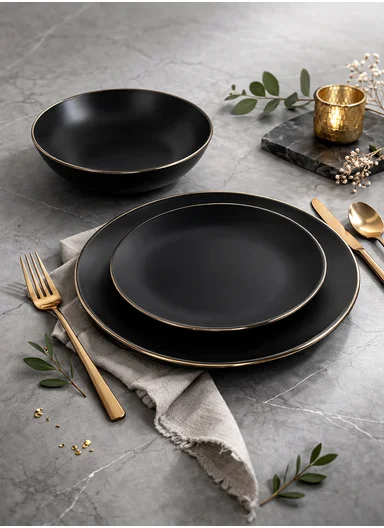 12 pieces Stoneware Dinnerware Set, Dishwasher &amp; Microwave Safe Durable Everyday Dining Set -Black -BM-1202