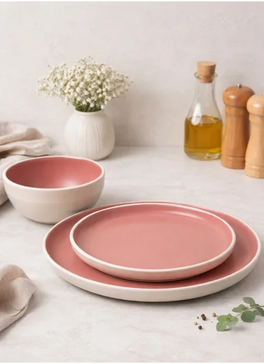 12-Pieces Modern Matte Pink Round Stoneware Dinnerware Set BM-12318