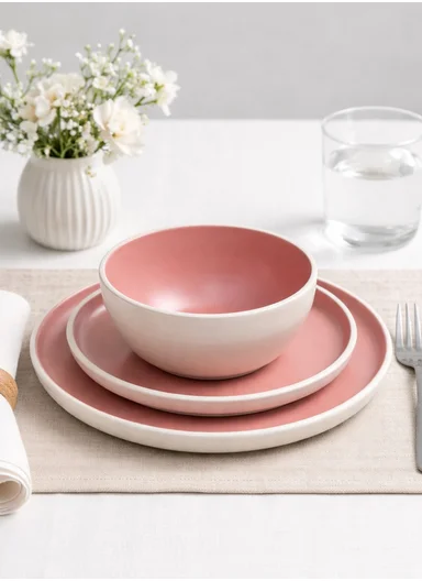 12-Pieces Modern Matte Pink Round Stoneware Dinnerware Set BM-12318