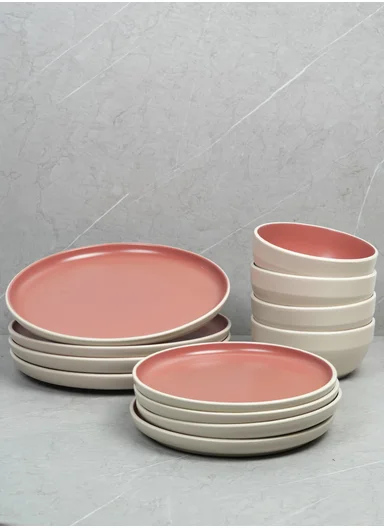 12-Pieces Modern Matte Pink Round Stoneware Dinnerware Set BM-12318