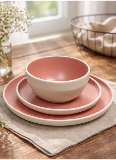 12-Pieces Modern Matte Pink Round Stoneware Dinnerware Set BM-12318