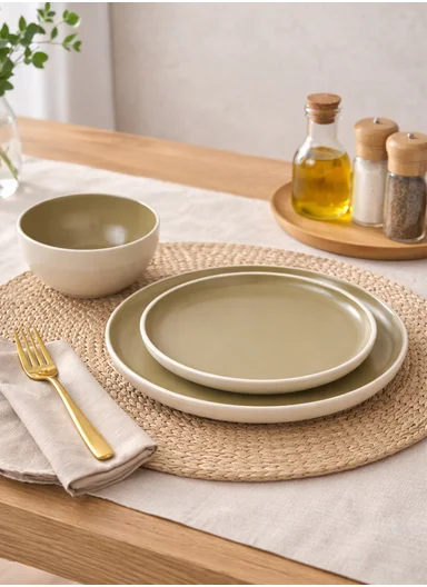 12 pieces Stoneware Dinnerware Set, Dishwasher &amp; Microwave Safe Durable Everyday Dining Set-Terracotta-Sage -BM-12319