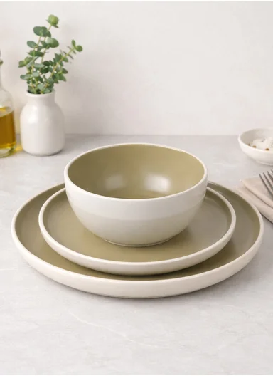 12 pieces Stoneware Dinnerware Set, Dishwasher &amp; Microwave Safe Durable Everyday Dining Set-Terracotta-Sage -BM-12319