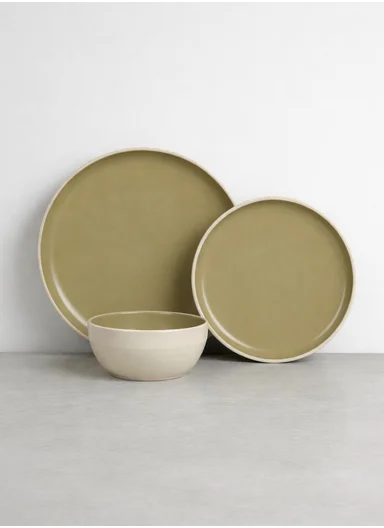 12 pieces Stoneware Dinnerware Set, Dishwasher &amp; Microwave Safe Durable Everyday Dining Set-Terracotta-Sage -BM-12319