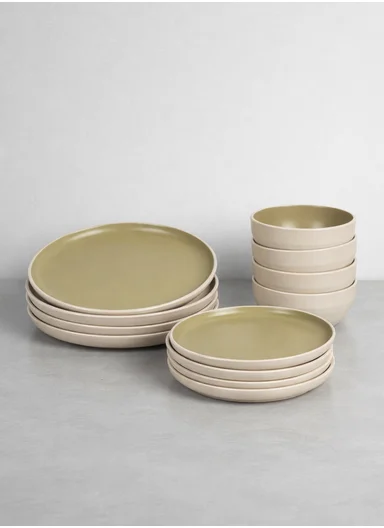 12 pieces Stoneware Dinnerware Set, Dishwasher &amp; Microwave Safe Durable Everyday Dining Set-Terracotta-Sage -BM-12319