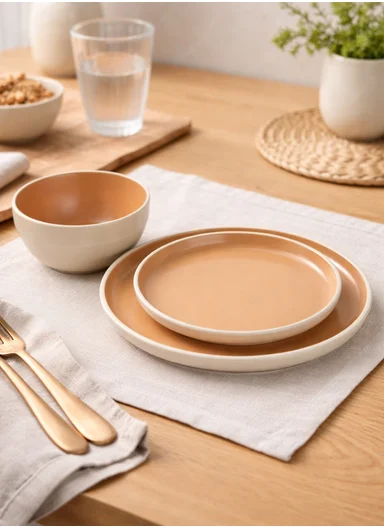 12 pieces Stoneware Dinnerware Set, Dishwasher &amp; Microwave Safe Durable Everyday Dining Set-Terracotta-Beige -BM-12320