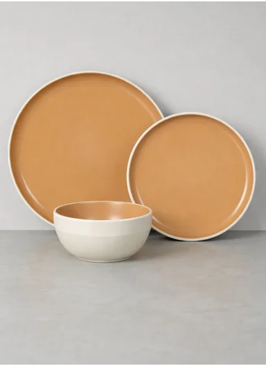 12 pieces Stoneware Dinnerware Set, Dishwasher &amp; Microwave Safe Durable Everyday Dining Set-Terracotta-Beige -BM-12320