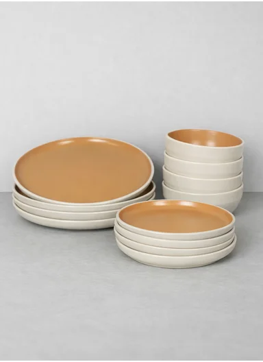 12 pieces Stoneware Dinnerware Set, Dishwasher &amp; Microwave Safe Durable Everyday Dining Set-Terracotta-Beige -BM-12320