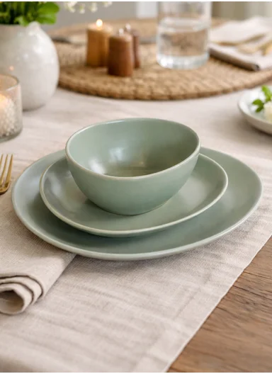 12 pieces Stoneware Dinnerware Set, Dishwasher &amp; Microwave Safe Durable Everyday Dining Set -Moss Green BM-12321