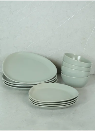 12 pieces Stoneware Dinnerware Set, Dishwasher &amp; Microwave Safe Durable Everyday Dining Set -Moss Green BM-12321