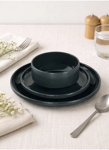 12 pieces Stoneware Dinnerware Set, Dishwasher &amp; Microwave Safe Durable Everyday Dining Set -Charcoal Grey -BM-12316