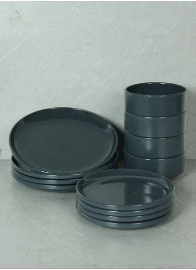 12 pieces Stoneware Dinnerware Set, Dishwasher &amp; Microwave Safe Durable Everyday Dining Set -Charcoal Grey -BM-12316