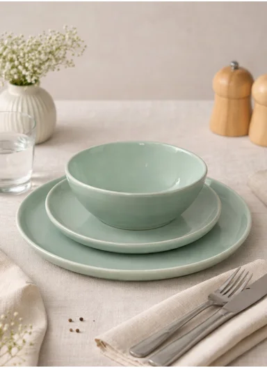 12 pieces Stoneware Dinnerware Set, Dishwasher &amp; Microwave Safe Durable Everyday Dining Set -Sage Green -BM-12304