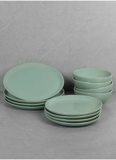 12 pieces Stoneware Dinnerware Set, Dishwasher &amp; Microwave Safe Durable Everyday Dining Set -Sage Green -BM-12304