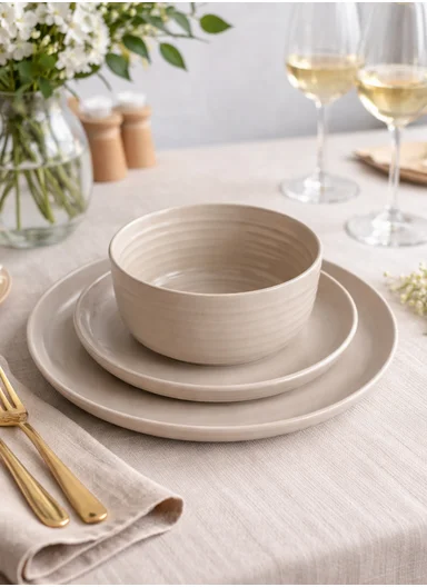 12 pieces Stoneware Dinnerware Set, Dishwasher &amp; Microwave Safe Durable Everyday Dining Set -Beige -BM-1299