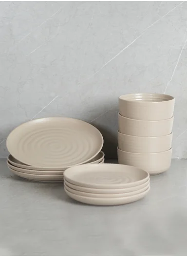 12 pieces Stoneware Dinnerware Set, Dishwasher &amp; Microwave Safe Durable Everyday Dining Set -Beige -BM-1299