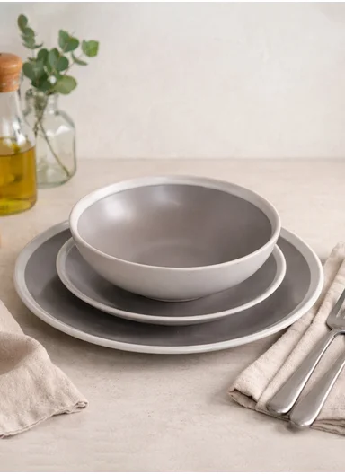 12Pcs Ceramic Plates and Bowl Set with Contemporary Design BM-1285 - Greige