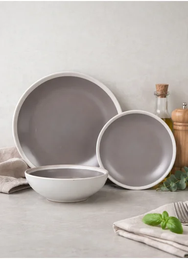 12Pcs Ceramic Plates and Bowl Set with Contemporary Design BM-1285 - Greige