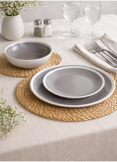 12Pcs Ceramic Plates and Bowl Set with Contemporary Design BM-1285 - Greige