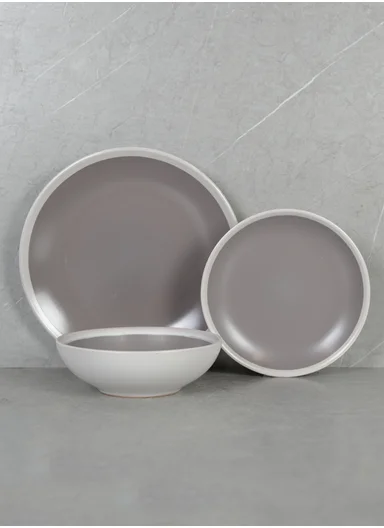 12Pcs Ceramic Plates and Bowl Set with Contemporary Design BM-1285 - Greige