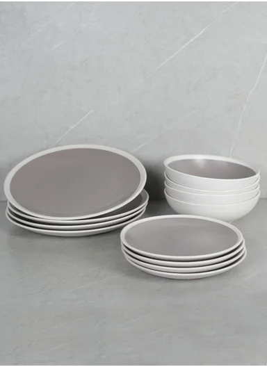 12Pcs Ceramic Plates and Bowl Set with Contemporary Design BM-1285 - Greige
