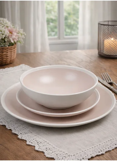 12Pcs Ceramic Plates and Bowl Set With Contemporary Design BM-1287 - Light Pink