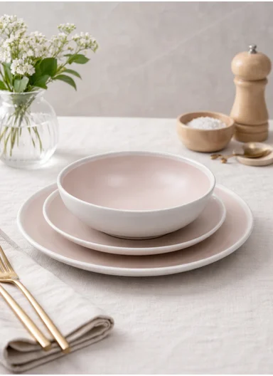 12Pcs Ceramic Plates and Bowl Set With Contemporary Design BM-1287 - Light Pink