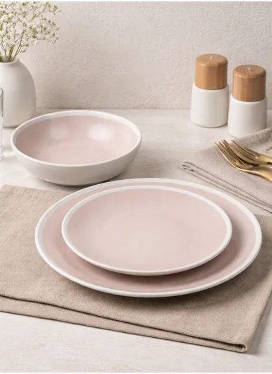 12Pcs Ceramic Plates and Bowl Set With Contemporary Design BM-1287 - Light Pink