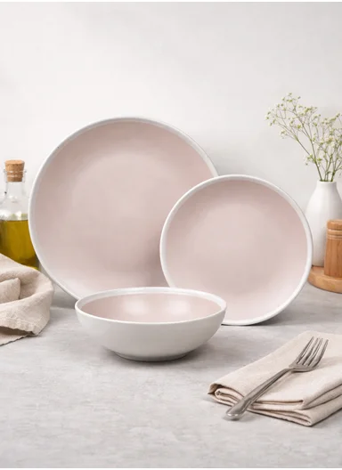 12Pcs Ceramic Plates and Bowl Set With Contemporary Design BM-1287 - Light Pink