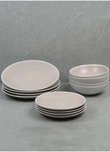 12Pcs Ceramic Plates and Bowl Set With Contemporary Design BM-1287 - Light Pink