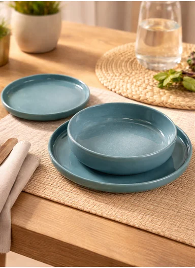 12 pieces Rounded Stoneware Dinnerware Set, Dishwasher &amp; Microwave Safe Durable Everyday Dining Set -Blue
