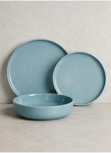 12 pieces Rounded Stoneware Dinnerware Set, Dishwasher &amp; Microwave Safe Durable Everyday Dining Set -Blue