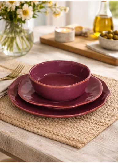 12 pieces Stoneware Dinnerware Set, Dishwasher &amp; Microwave Safe Durable Everyday Dining Set -Burgundy -BM-12135