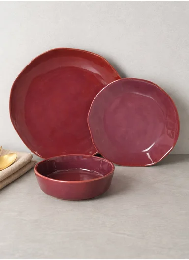 12 pieces Stoneware Dinnerware Set, Dishwasher &amp; Microwave Safe Durable Everyday Dining Set -Burgundy -BM-12135