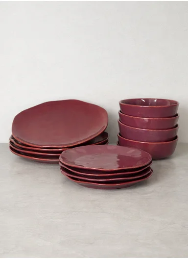 12 pieces Stoneware Dinnerware Set, Dishwasher &amp; Microwave Safe Durable Everyday Dining Set -Burgundy -BM-12135