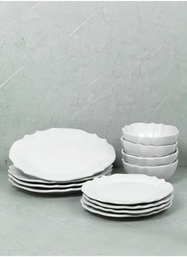  12 pieces Stylish Stoneware Dinnerware Set, Dishwasher &amp; Microwave Safe Durable Everyday Dining Set -white -BM-12117