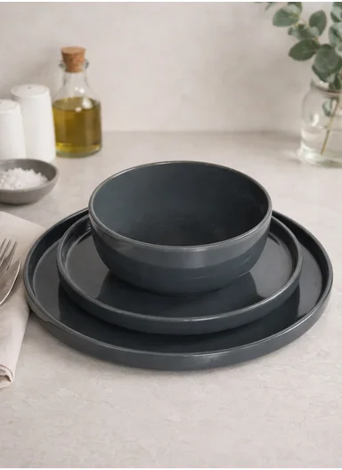 12Pcs Modern Stoneware Plate &amp; Bowl Dinnerware Set BM-1231 - Dark Grey