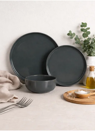12Pcs Modern Stoneware Plate &amp; Bowl Dinnerware Set BM-1231 - Dark Grey