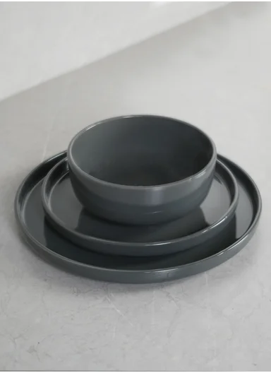 12Pcs Modern Stoneware Plate &amp; Bowl Dinnerware Set BM-1231 - Dark Grey