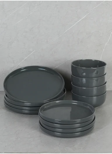 12Pcs Modern Stoneware Plate &amp; Bowl Dinnerware Set BM-1231 - Dark Grey