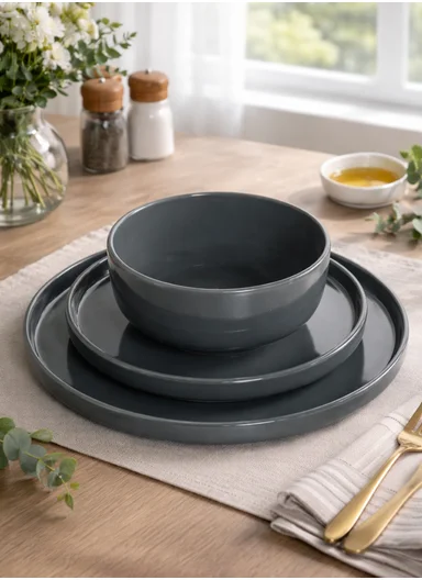 12Pcs Modern Stoneware Plate &amp; Bowl Dinnerware Set BM-1231 - Dark Grey