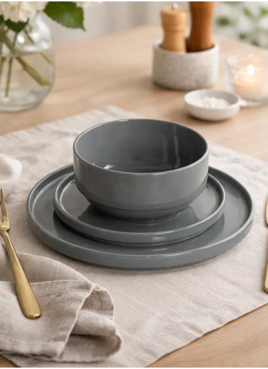 12 pieces Stoneware Dinnerware Set, Dishwasher &amp; Microwave Safe Durable Everyday Dining Set -Grey -BM-S18-92