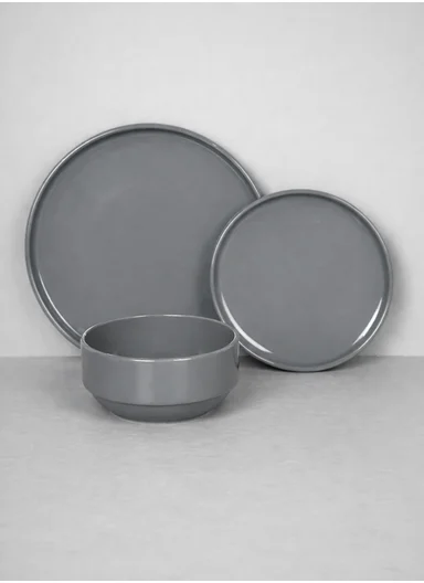 12 pieces Stoneware Dinnerware Set, Dishwasher &amp; Microwave Safe Durable Everyday Dining Set -Grey -BM-S18-92