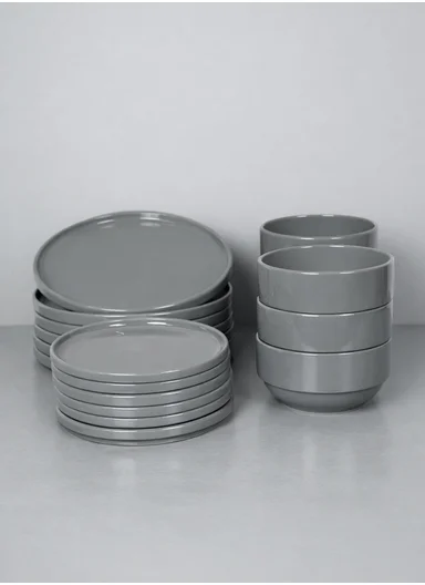 12 pieces Stoneware Dinnerware Set, Dishwasher &amp; Microwave Safe Durable Everyday Dining Set -Grey -BM-S18-92
