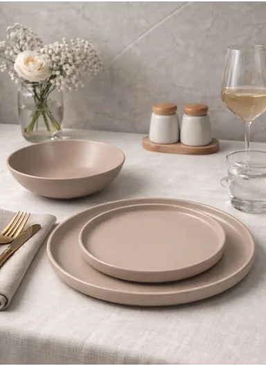 18-Pieces Elegant Matte Beige Round Stoneware Dinnerware Set