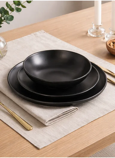 18 pieces Stoneware Dinnerware Set, Dishwasher &amp; Microwave Safe Durable Everyday Dining Set -Black