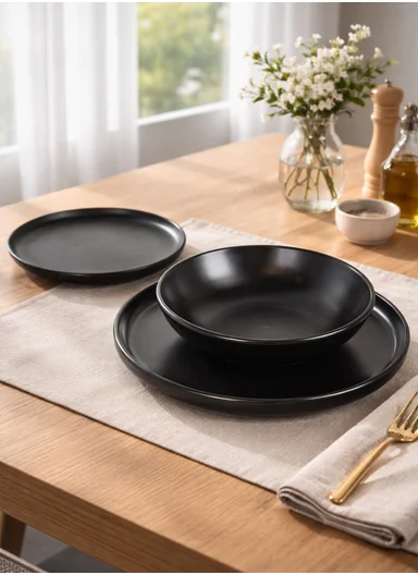 18 pieces Stoneware Dinnerware Set, Dishwasher &amp; Microwave Safe Durable Everyday Dining Set -Black
