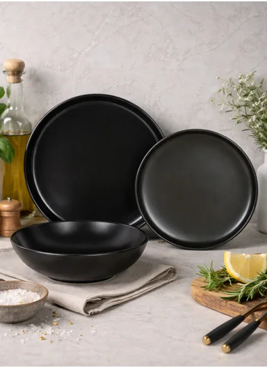 18 pieces Stoneware Dinnerware Set, Dishwasher &amp; Microwave Safe Durable Everyday Dining Set -Black