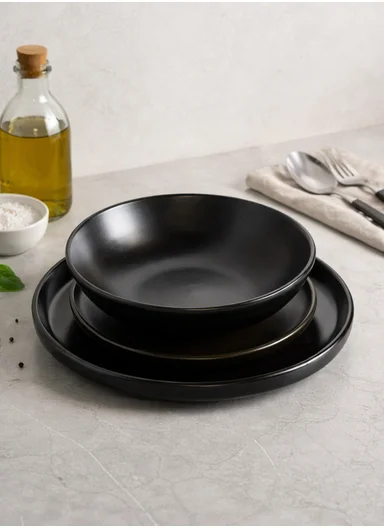 18 pieces Stoneware Dinnerware Set, Dishwasher &amp; Microwave Safe Durable Everyday Dining Set -Black